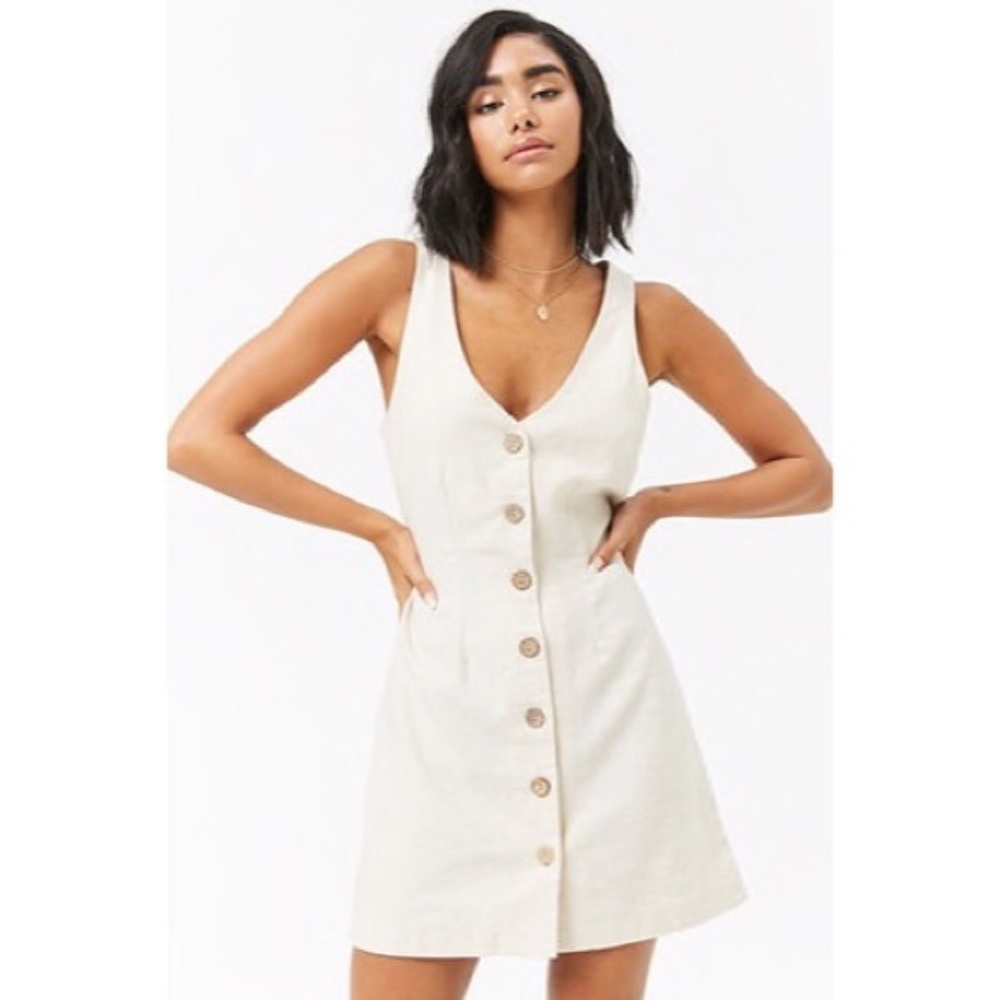 Natural Linen Button Belted Sun Dress Casual Mini